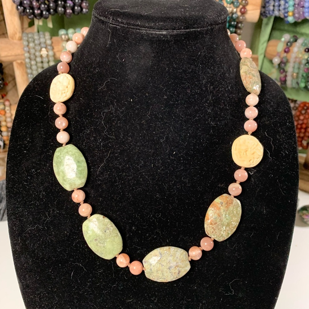 Hand-Knotted Sunstone, Serpentine Necklace & Bone Necklace